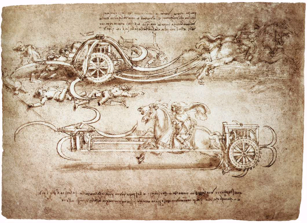 Leonardo da Vincis Kriegsskizze mit Wagen und rotierenden Klingen