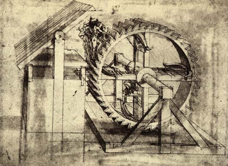 Technischer Maschinenentwurf Leonardo da Vincis mit großem Zahnrad