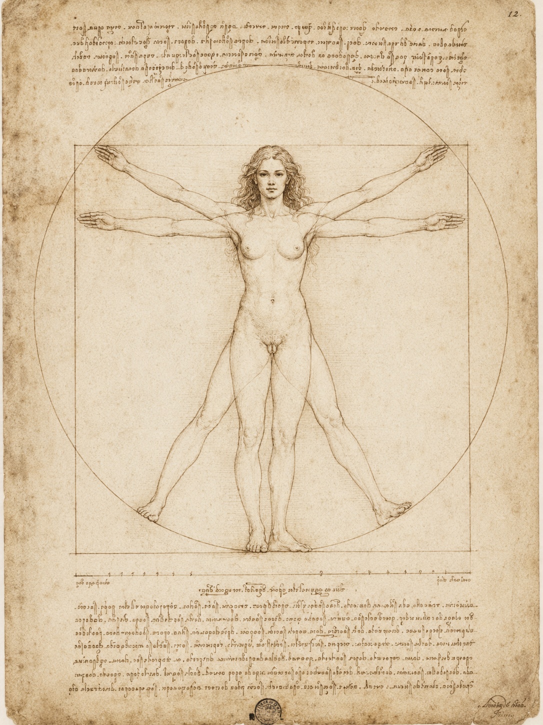 Vitruvianische Frau im Stil einer Renaissance-Studie mit Kreis und Quadrat