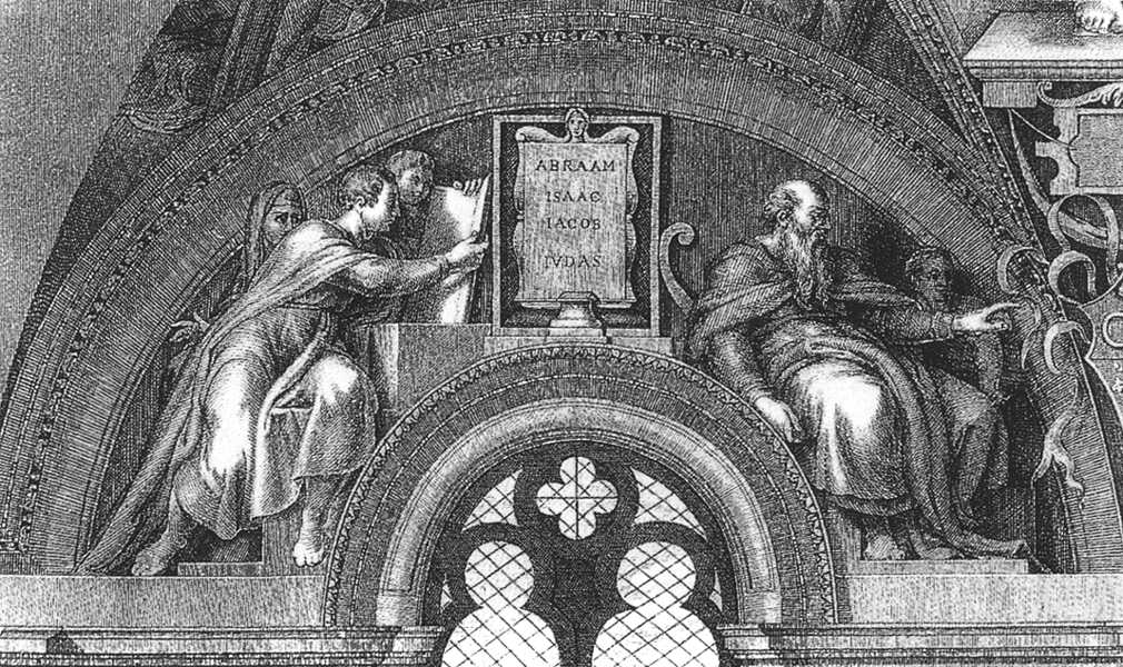 Historischer Stich nach Michelangelos verlorener Lünette Abraham, Isaak, Jakob und Juda