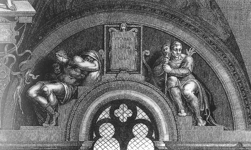 Historischer Stich nach Michelangelos verlorener Lünette Perez, Hezron und Ram