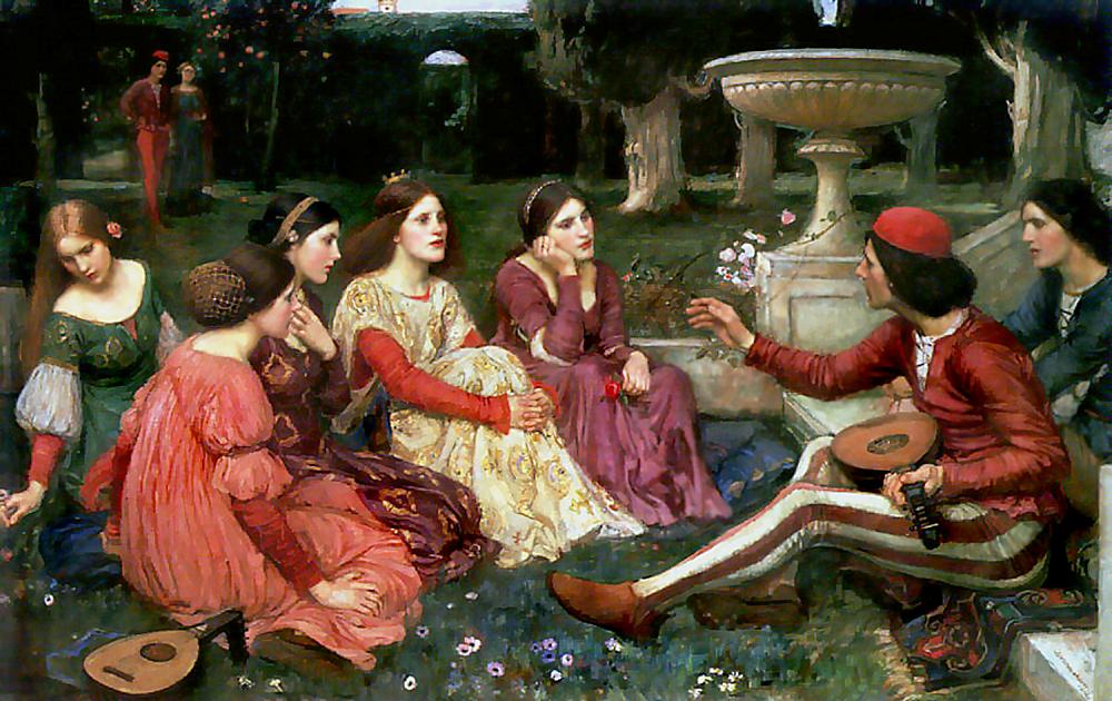 John William Waterhouse: Eine Decameron-Szene mit erzählender Gruppe im Garten