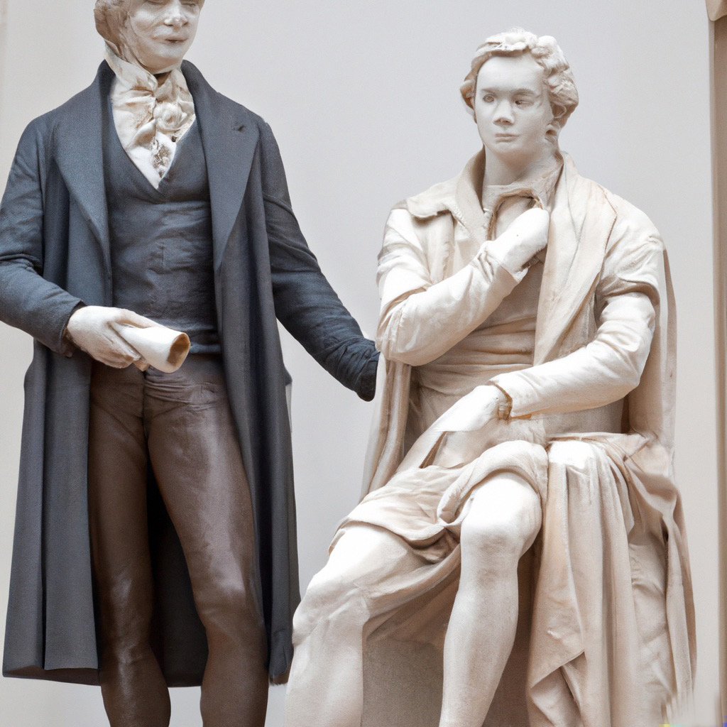 KI-generierte Skulptur von Goethe und Schiller, Promptbezug Promptbezug Michelangelo