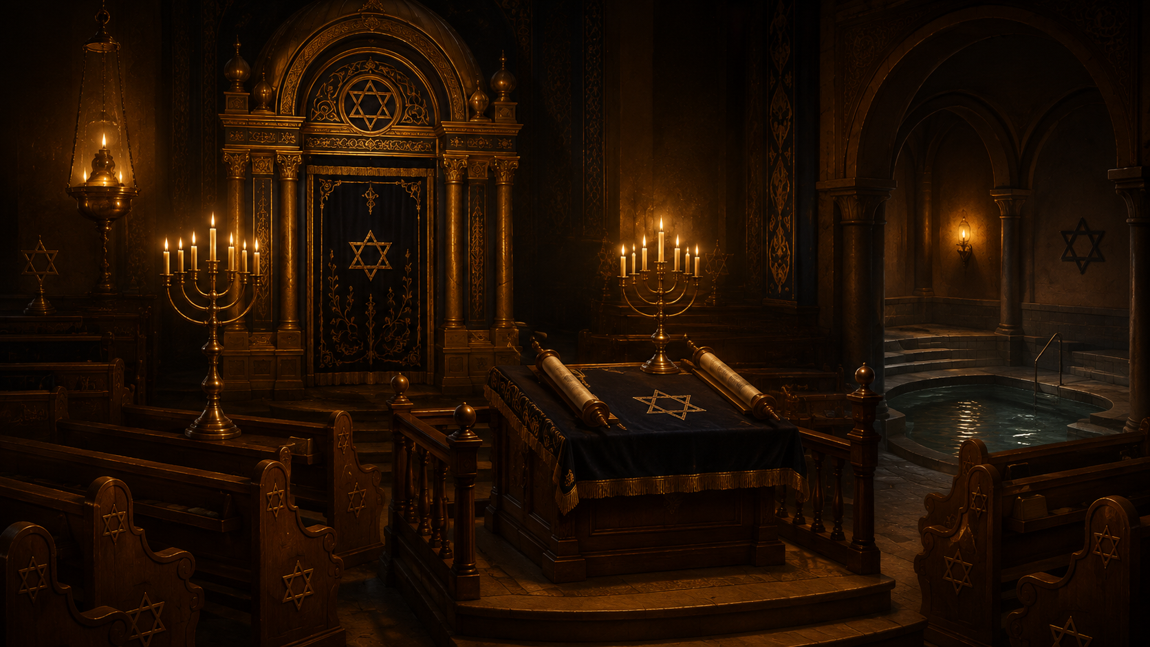 Künstlerische Darstellung eines Synagogenraums