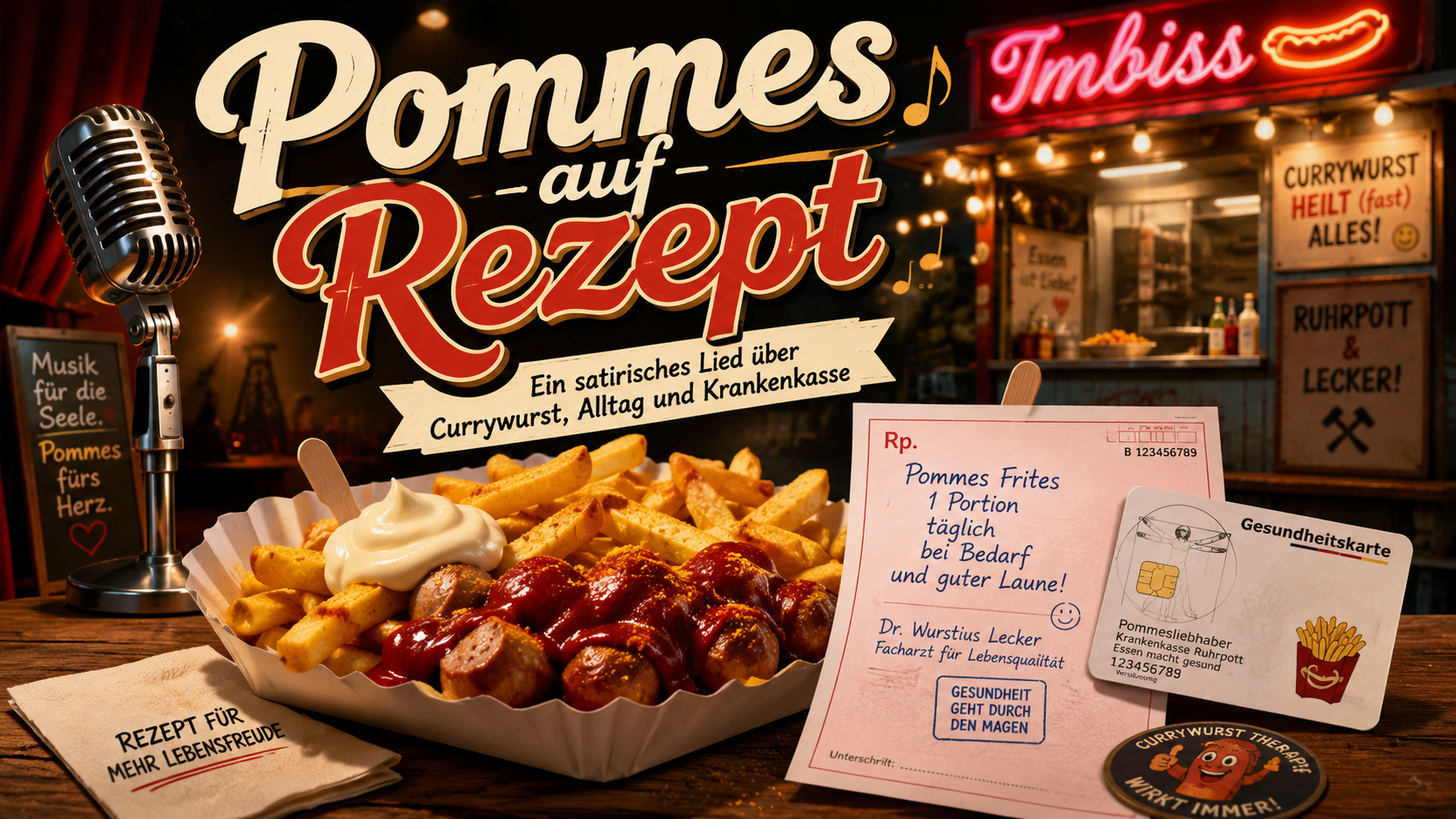 Pommes auf Rezept: satirisches Bild mit Currywurst, Gesundheitskarte und Rezept
