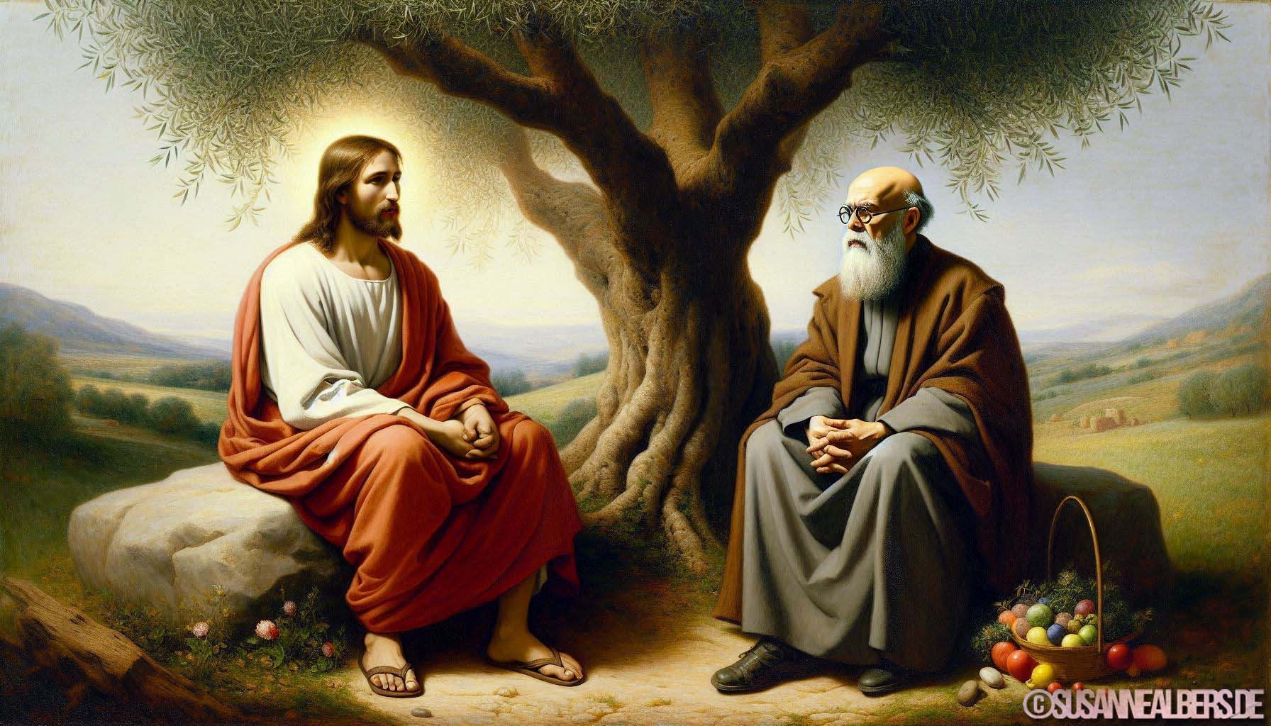 Jesus und Adorno in ruhiger Gesprächssituation
