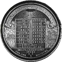 Leibniz' Medaille zum Binärsystem mit Zahlentafel