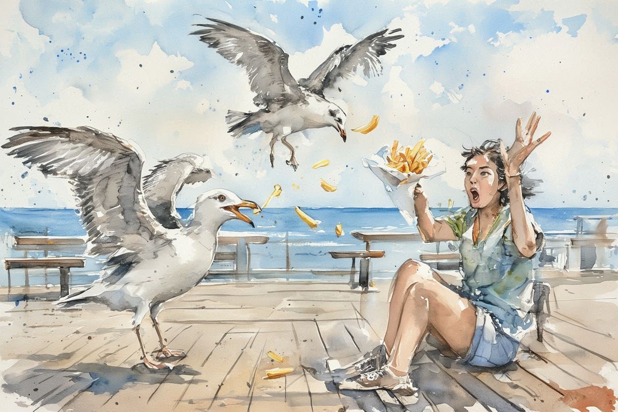 Möwen klauen Pommes an der Strandpromenade
