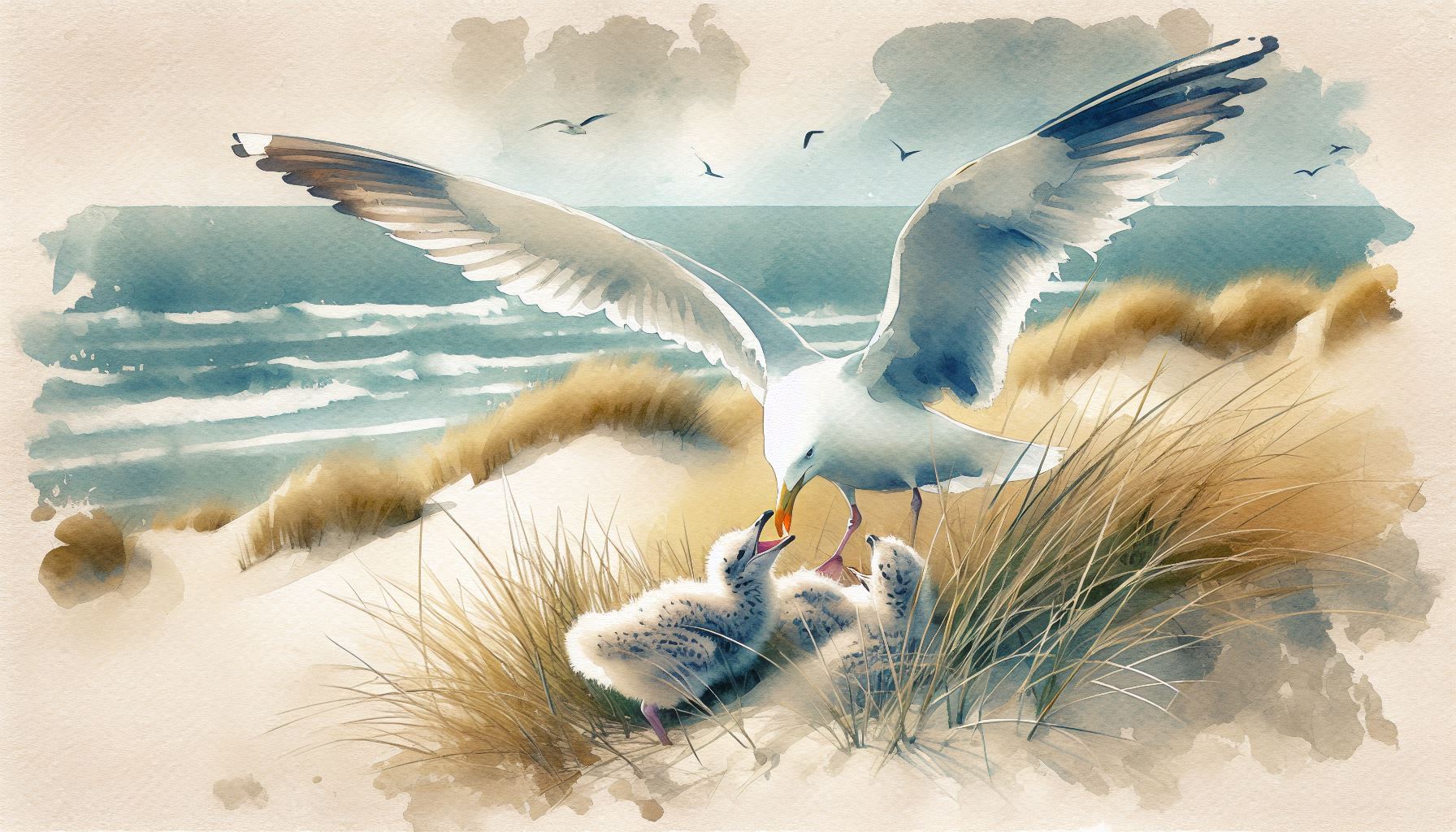 Möwe mit Küken in den Dünen an der Nordsee