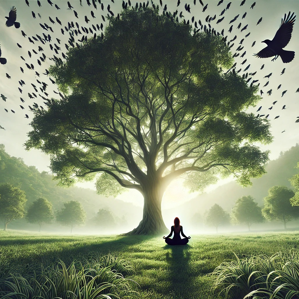 Großer grüner Baum in einem hellen Tal, davor eine meditierende Figur und darüber kreisende Vögel.
