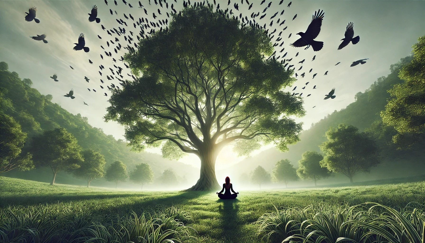 Offenbarung hochgezogen – Baum, Licht und meditierende Figur
