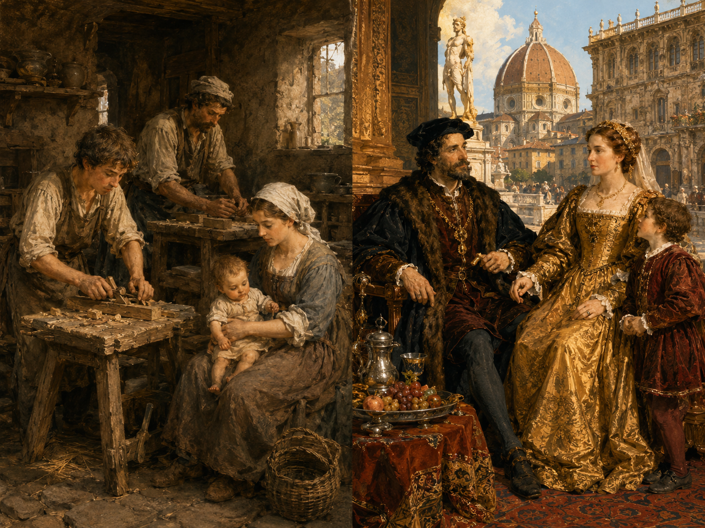 Gegenüberstellung eines einfachen arbeitenden Haushalts und einer wohlhabenden Familie der Renaissance