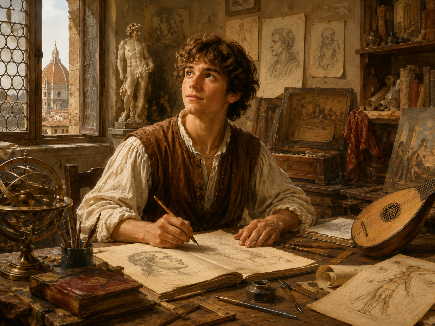 Junger Mensch in einer Renaissancewerkstatt mit Büchern, Zeichnungen, Instrument, Globus und Messwerkzeugen