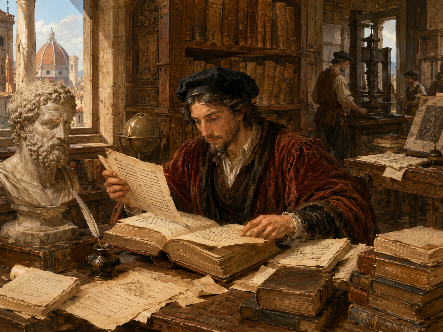 Renaissancegelehrter zwischen alten Büchern, antiker Büste und Druckerpresse