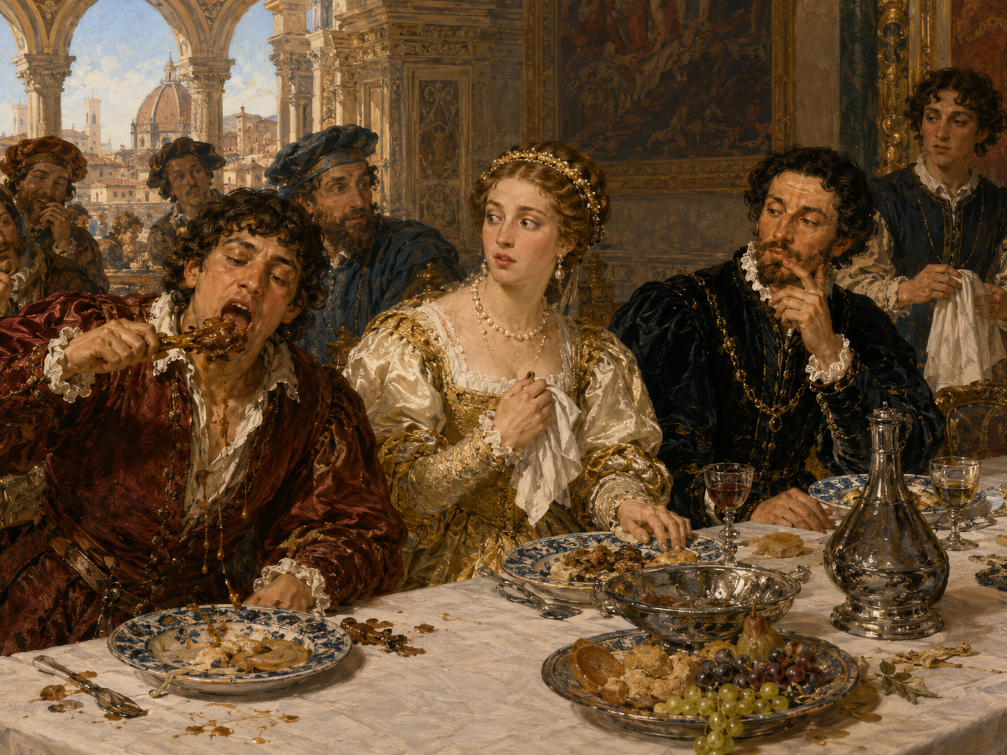 Humorvolle Renaissanceszene bei Tisch: ein Gast benimmt sich schlecht, andere reagieren entsetzt