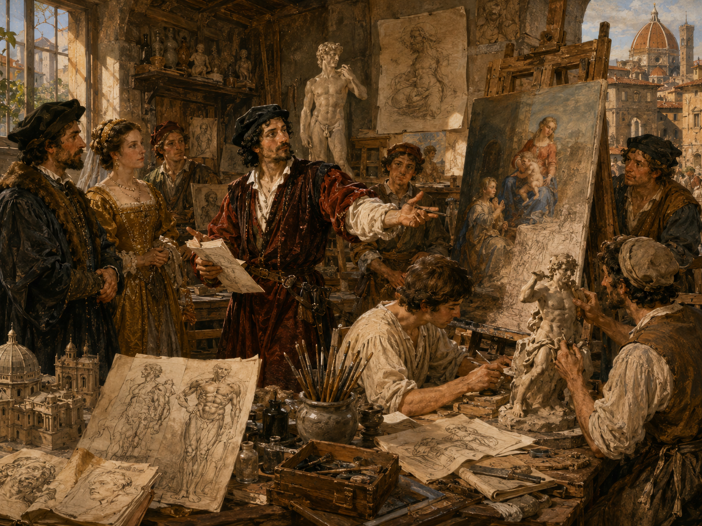 Lebhafte Renaissancewerkstatt mit Künstler, Auftraggebern, Zeichnungen, Malerei, Bildhauerei und Architekturmodellen