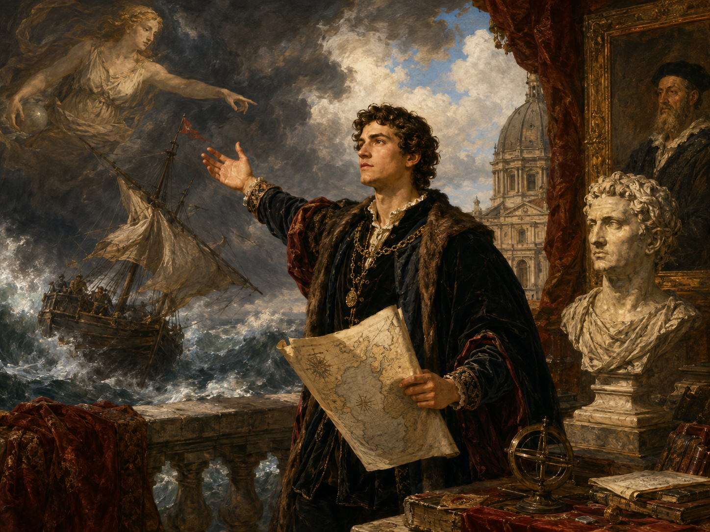 Renaissancefigur mit Karte, stürmischem Schiff, antiker Büste und Porträt als Symbol für Fortuna, Tatkraft und Ruhm