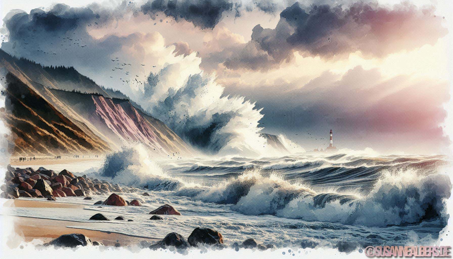 KI-Sturmflutbild mit Küstenlandschaft und dramatischem Himmel