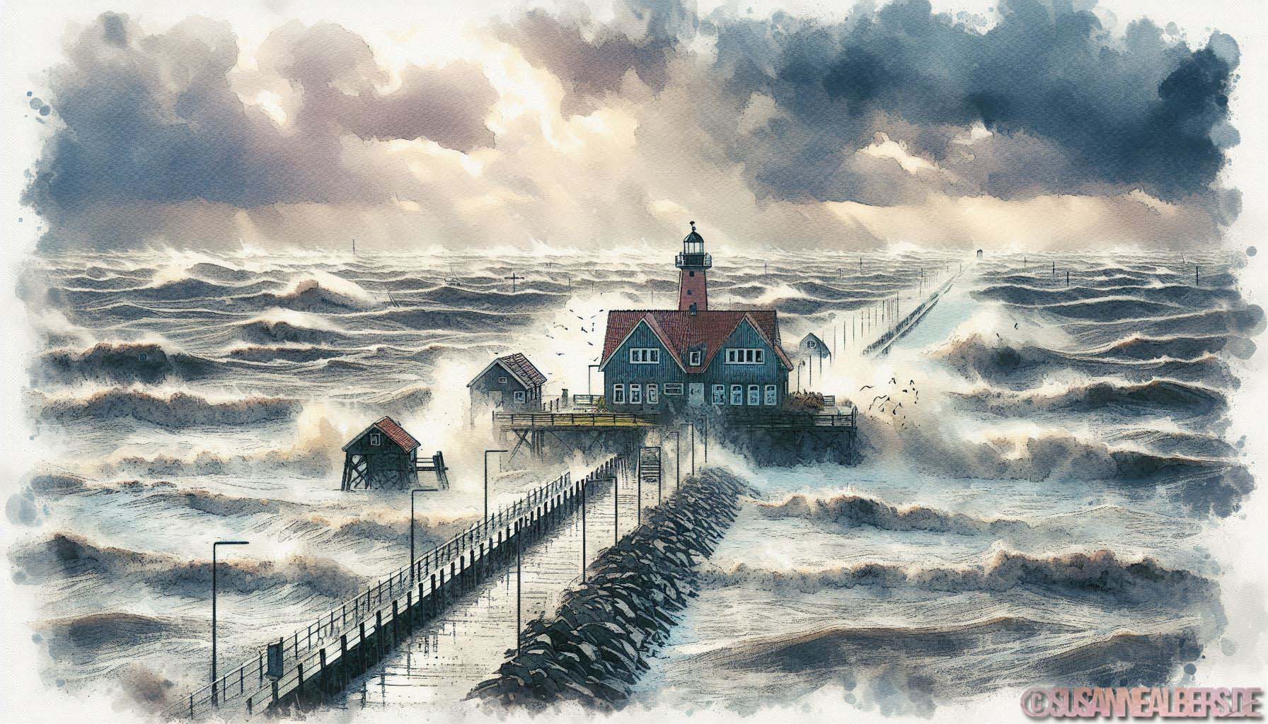 KI-Sturmflutbild mit Haus und Steg im Wasser