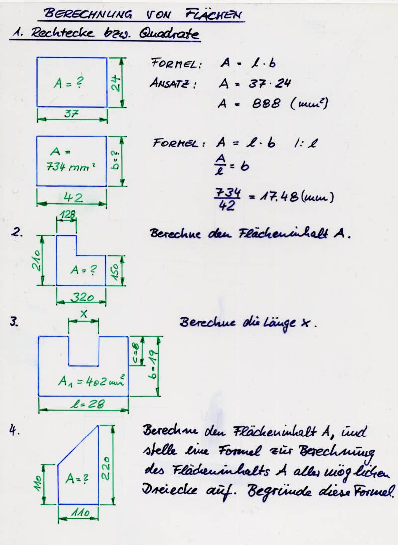 Selbst gezeichnete Mathematikfolie: Flächen