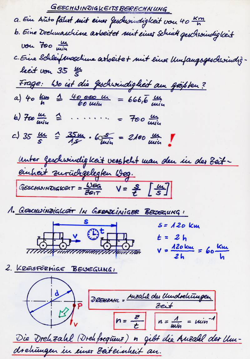 Selbst gezeichnete Mathematikfolie: Geschwindigkeit