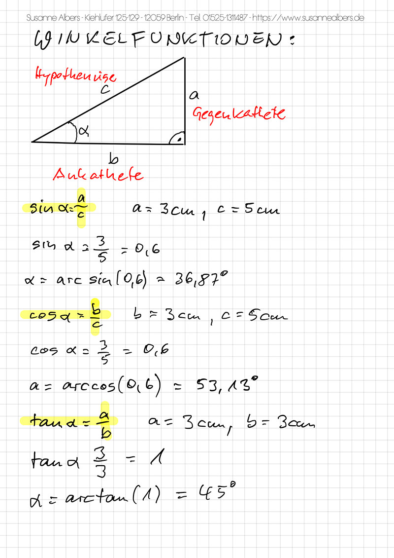Selbst gezeichnete Mathematikfolie: Winkelfunktionen